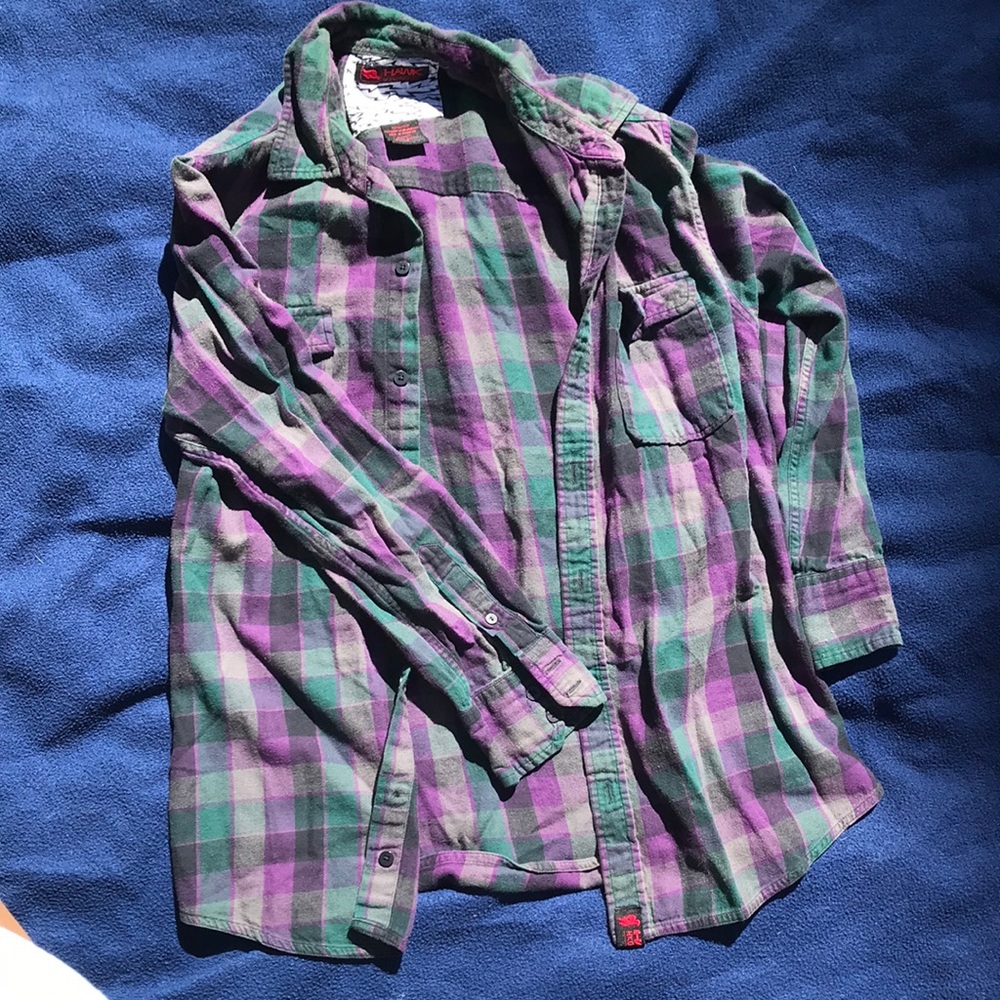 Medium purple green plaid soft flannel shirt